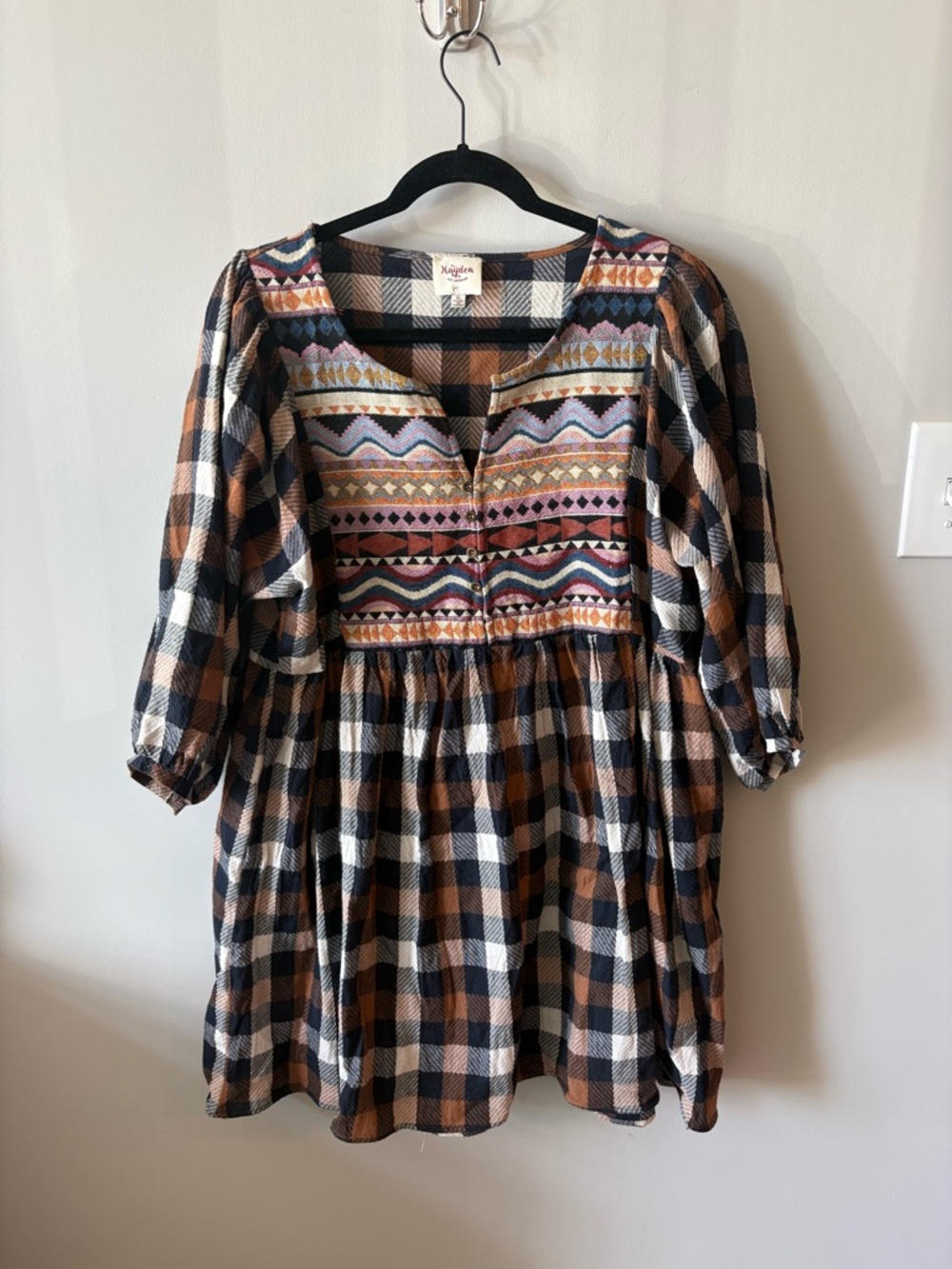 Hayden Brown and Black Plaid Embroidered Yoke Casual Dress